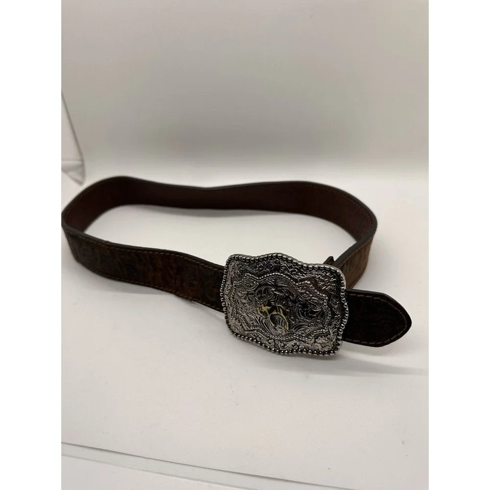 Kids Western Tooled Brown Leather Belt Bull‎ Rider Silver Gold Buckle Cowboy 29